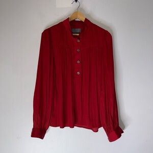 Anthropologie Satin Long Sleeve Pleated Popover Button Red Blouse Small